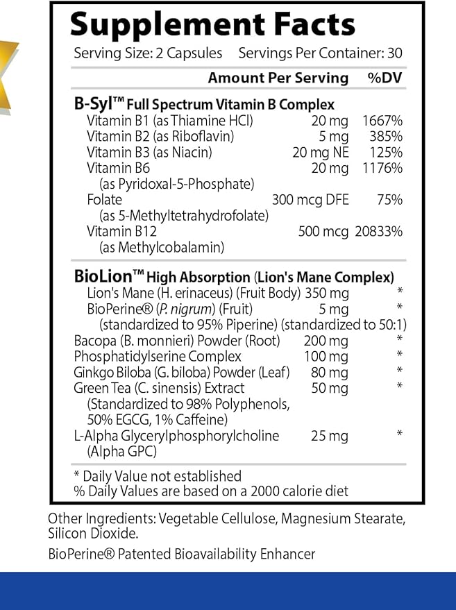 MemoryMD - 60 Capsules - Vitamin B Blend, Lion’s Mane Mushroom, Bacopa Monierri - Enhance Memory, Focus, and Learning - All Natural Supplement, Made in USA, Vegan, Non-GMO