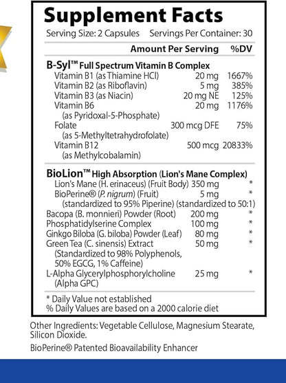 MemoryMD - 60 Capsules - Vitamin B Blend, Lion’s Mane Mushroom, Bacopa Monierri - Enhance Memory, Focus, and Learning - All Natural Supplement, Made in USA, Vegan, Non-GMO