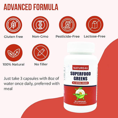 Organic Greens Superfood, 13 Phytonutrient Super Greens Capsules with Turmeric, Moringa, Wheat Grass, Chlorella and Spirulina Powder, Alkalize and Detox Immune Energy Supplement, 90 Capsules