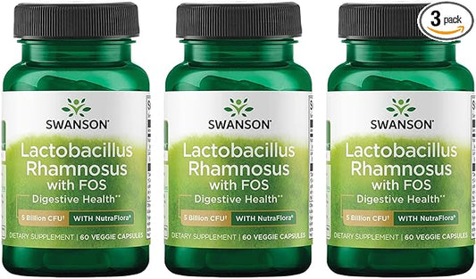 Swanson Lactobacillus Rhamnosus with FOS - Probiotic Supplement Supports Digestive Health - 5 Billion CFU - (60 Veggie Caps) 3 Pack