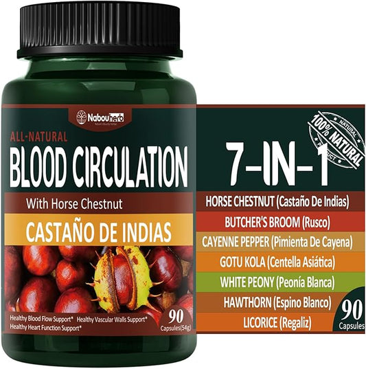 Horse Chestnut Blood Circulation Capsules, Gotu Kola, Cayenne Pepper Extract Supplement Support Blood Flow, Castaño de Indias y Centella Asiatica para la Circulación. 90 Count