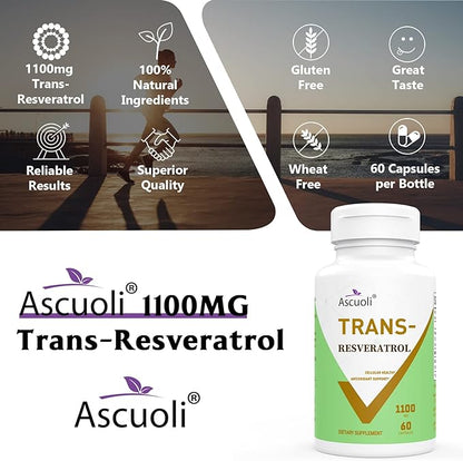 99% Ultra Purity Ascuoli Trans-Resveratrol 1100mg, 3-in-1 Advanced Formula Organic Resveratrol Supplement, Max Antioxidant Anti-Aging, Skin Health, Cell Repair Boost NAD+, Immune & Energy, 120 Capsule