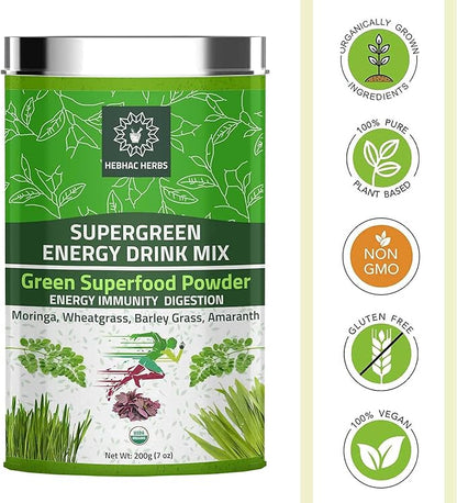 Organic Super Green Energy Drink Mix 200g (7 oz) Moringa Powder, Wheat Grass Powder, Barley Grass Powder, Amaranth Powder, Greens Superfood Detox Powder, Natural Energy Drink Mix 200g