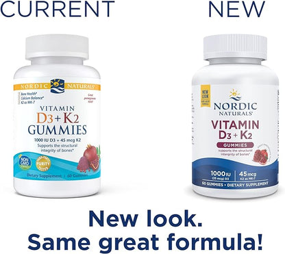 Nordic Naturals Vitamin D3 + K2 Gummies, Pomegranate - 60 Gummies - 1000 IU Vitamin D3 + 45 mcg Vitamin K2 - Great Taste - Bone Health, Promotes Healthy Muscle Function - Non-GMO - 60 Servings