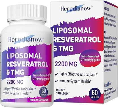 Liposomal Resveratrol with TMG Supplement 2200 MG, 99% Purity Trans-Resveratrol & Trimethylglycine- for Aging, Immune System,Skin & Overall Health,60 Softgels