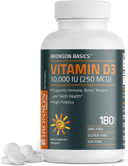 Bronson Vitamin D3 10,000 IU (250 MCG) for Healthy Muscle Function and Immune Support, Non-GMO, 180 Tablets