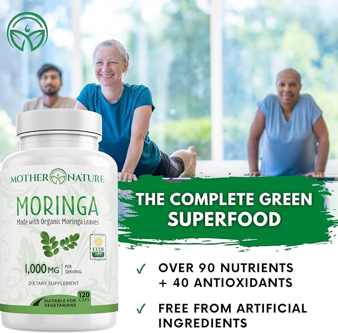 Moringa Capsules 1000mg, from Organic Certified Moringa Leaves Powder - Greens Superfood Supplement - Energy, Focus, Lactation Support, Vitamin C for Immune Support - Vegan, Non-GMO (120 Count)