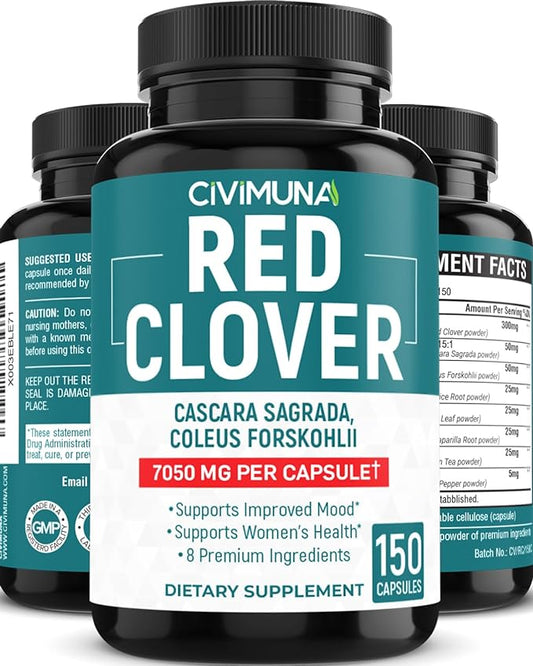 Red Clover Extract Capsules | 7050mg | 150 Capsules - 5 Months Supply | Red Clover, Cascara Sagrada Bark, Coleus Forskohlii.