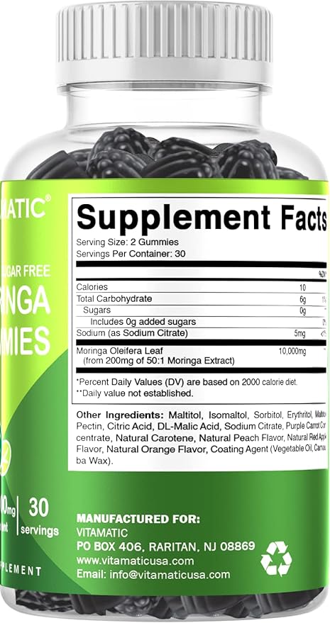 Vitamatic Sugar Free Moringa Gummies - 10000 mg Equivalent per Serving - Complete Green Superfood - 60 Pectin Based Gummies