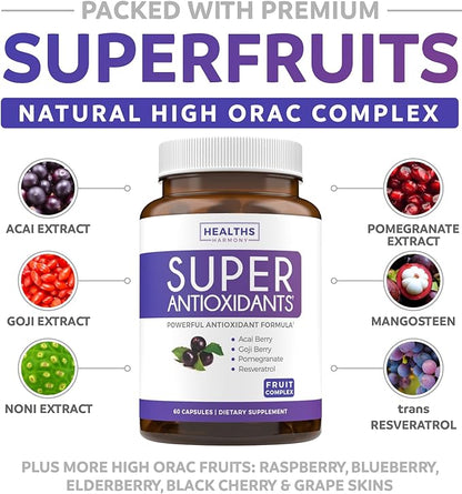 Super Antioxidants Supplement - Powerful Super Food Antioxidant Daily Blend - Acai Berry, Goji, Pomegranate & Trans Resveratrol - Herbal and Fruit Formula For Women and Men - Skin Care - 120 Capsules