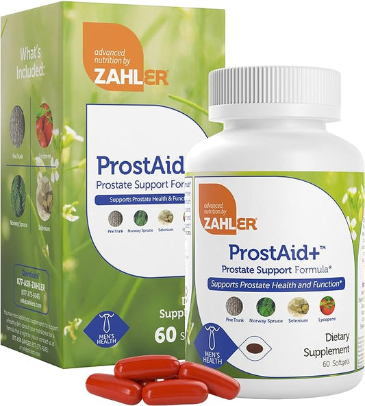 Zahler ProstAid+ Prostate Supplements for Men with Lycopene & Norway Spruce for Urine Flow, Prostate Support - Made in USA, Kosher - Prostate Health Supplements for Men (60 Vegetarian Softgels)