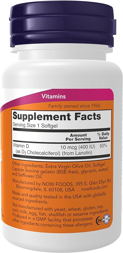 NOW Supplements, Vitamin D-3 400 IU, Strong Bones*, Structural Support*, 180 Softgels