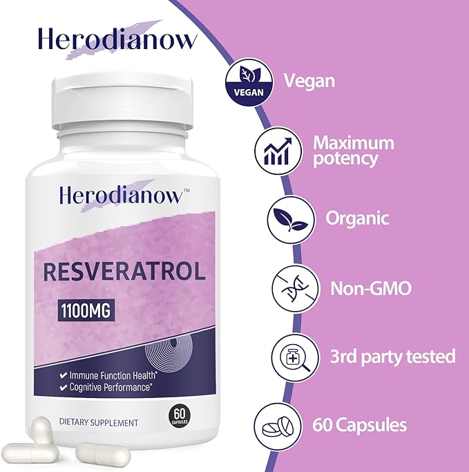 Ultra High Purity Resveratrol, 1100mg Trans-resveratrol Supplement, for Aging, Immune System & Overall Health, 120 Capsule(Pack of 2)