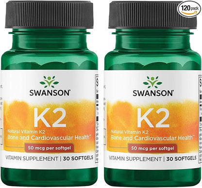 Swanson Natural Vitamin K2 (Menaquinone-7 from Natto) 50 mcg 30 Sgels (2 Pack)