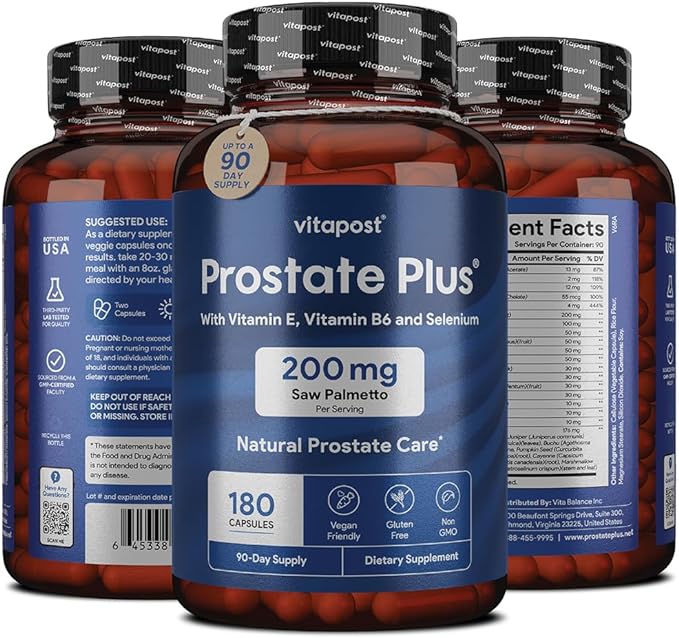 Prostate Plus Natural Prostate Care and Urinary Health Supplement for Men Enriched with Saw Palmetto, Vitamin B6, Vitamin E, Selenium and Zinc. 180 Capsules