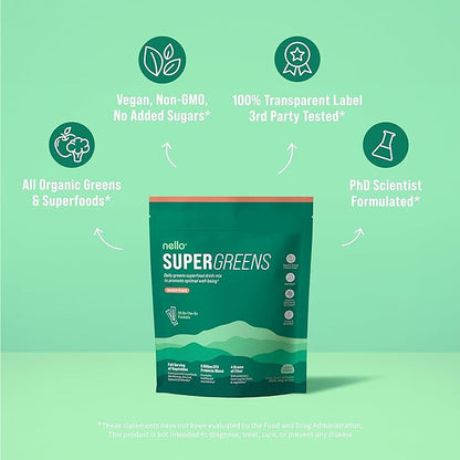 Nello Supergreens Premium Superfood Greens Drink Mix w/Chlorella, Moringa, Spinach & Broccoli + Digestive Enzymes & Probiotic Blend -Nutrient-Packed Powder Wellness (Mango Peach, 20 SRV, Travel Pack)