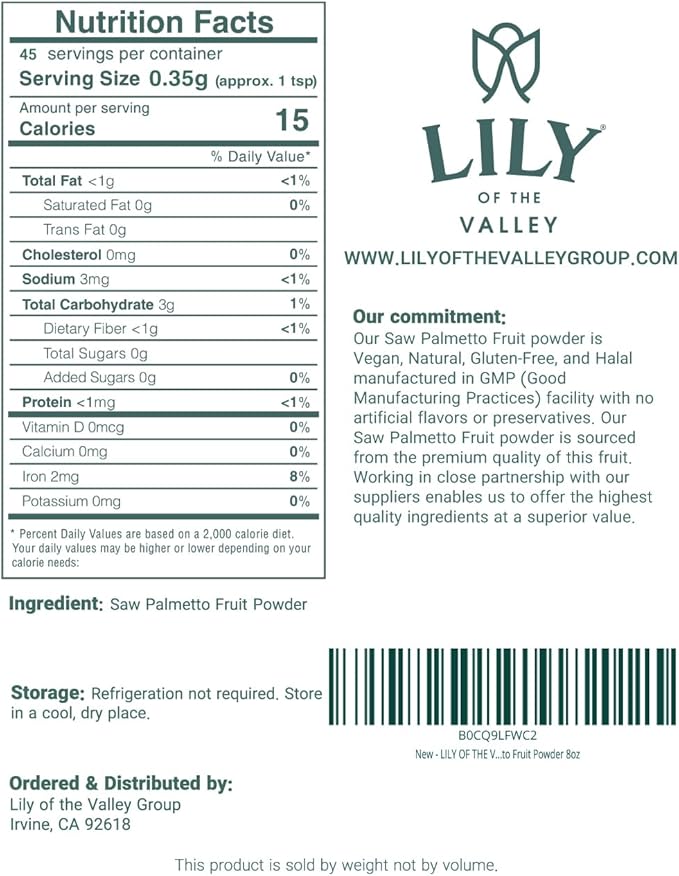 Lily of the Valley Saw Palmetto Fruit Powder - Serenoa Repens - Great for Cooking and Smoothies - Vegan & Gluten-Free - Packed in Resealable Pouch (8oz, 226g)