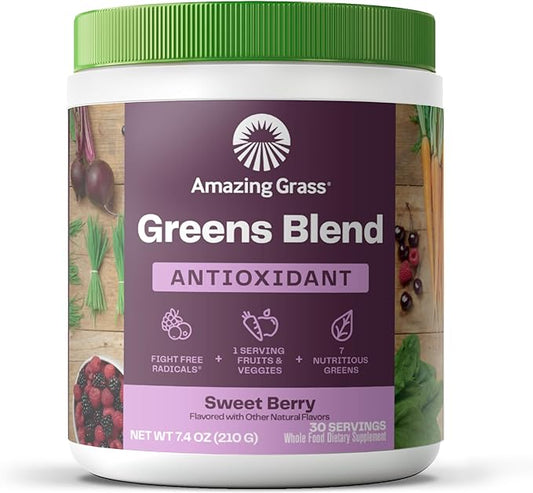 Amazing Grass Greens Superfood Antioxidant: Greens Powder with Organic Spirulina, Beet Root Powder, Elderberry & Probiotics, Sweet Berry, 30 Servings (Packaging May Vary)