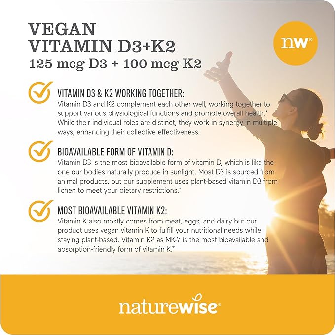 NatureWise Vitamin D3 + K2 with Plant Based Vitamin D3 5000IU & 100mcg Vitamin K2 as MK-7 - Max Absorption - Vegan Non-GMO - Immune Support - with Extra Virgin Olive Oil - 60 Softgels[2-Month Supply]