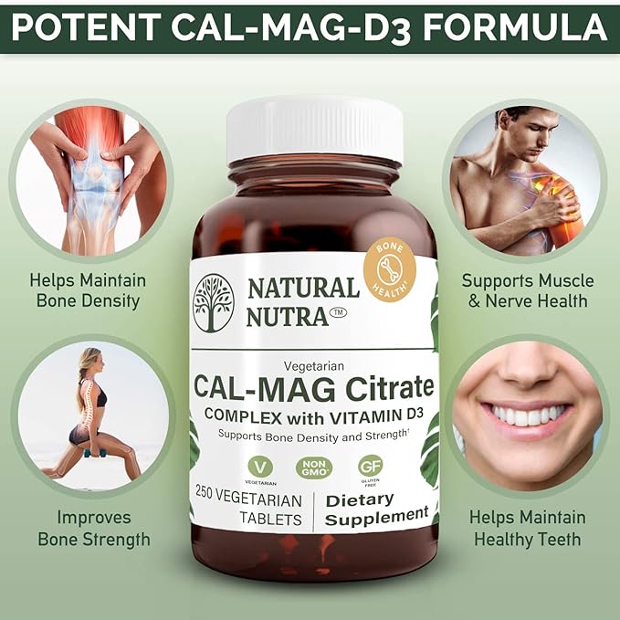 Natural Nutra Cal-Mag 1000/500 mg Citrate with Vitamin D3, Strengthen Bone Density, Muscle and Nerve Health, Highly Bioavailable Sources, 250 Vegan Tablets.