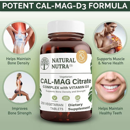 Natural Nutra Cal-Mag 1000/500 mg Citrate with Vitamin D3, Strengthen Bone Density, Muscle and Nerve Health, Highly Bioavailable Sources, 250 Vegan Tablets.