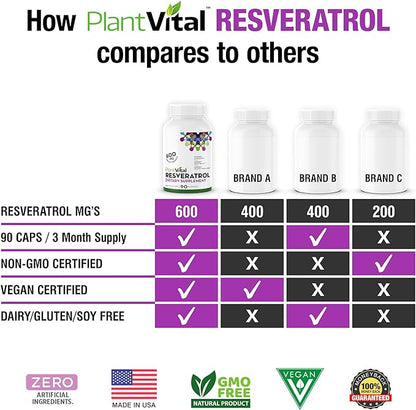 Plantvital RESVERATROL 600mg - Trans Resveratrol Supplement - Supports Immune System and Digestive Health - 90 Trans-resveratrol Capsules (1 Bottle)