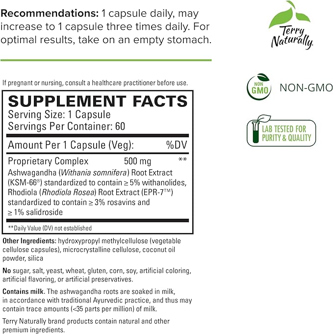 Terry Naturally Adaptra - 60 Capsules - Ashwagandha & Rhodiola Supplement - Non-GMO, Gluten Free - 60 Servings