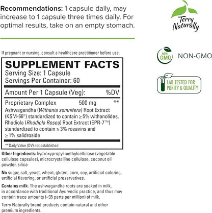 Terry Naturally Adaptra - 60 Capsules - Ashwagandha & Rhodiola Supplement - Non-GMO, Gluten Free - 60 Servings