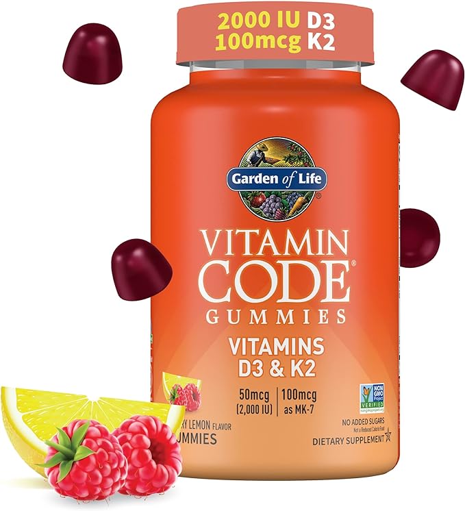 Garden of Life Vitamin D3+K2 Gummies with Prebiotics&Probiotics for Digestion,2000 IU Vitamin D3+100mcg K2 for Bone&Immune Health for Adults,Vitamin Code,Non-GMO,Gluten-Free,45 Raspberry Lemon Gummies