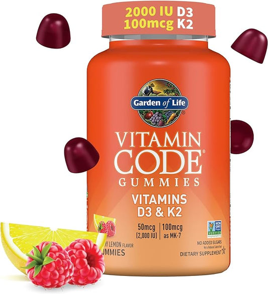 Garden of Life Vitamin D3+K2 Gummies with Prebiotics&Probiotics for Digestion,2000 IU Vitamin D3+100mcg K2 for Bone&Immune Health for Adults,Vitamin Code,Non-GMO,Gluten-Free,45 Raspberry Lemon Gummies