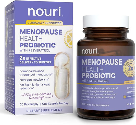 Nouri Menopause Health Probiotic, Menopause Relief for Women - Resveratrol Capsules for Menopausal Hormonal Balance, Estrogen Metabolism, Reduction of Hot Flashes, Take Daily - 30 Day Supply