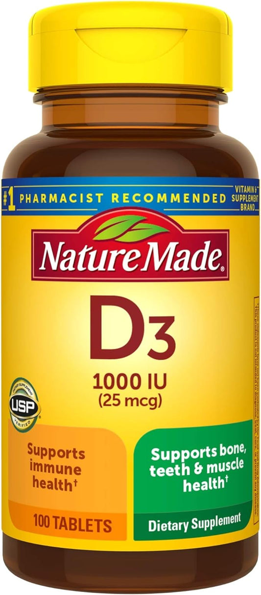 Nature Made Vitamin D3, 100 Tablets, Vitamin D 1000 IU (25 mcg) Helps Support Immune Health, Strong Bones and Teeth, & Muscle Function, 125% of the Daily Value for Vitamin D in One Daily Tablet