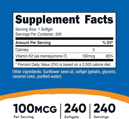 Nutricost Vitamin K2 MK-7 100 mcg, 240 Softgels - Gluten Free and Non-GMO MK7