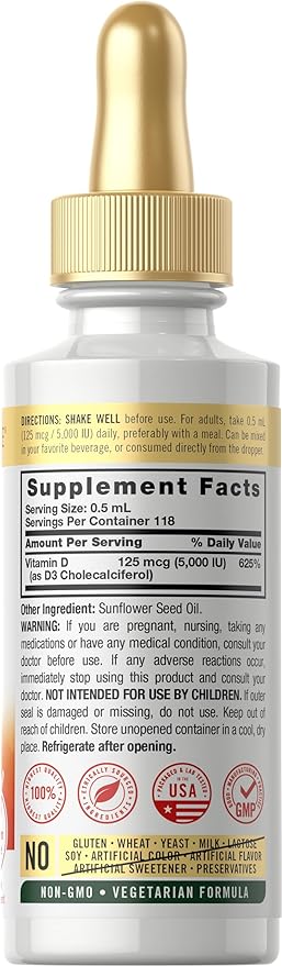 Carlyle Liquid Vitamin D3 | 5000 IU (125 mcg) | 2 oz | Vegetarian, Non-GMO, and Gluten Free Supplement | Vitamin D Liquid Drops for Adults