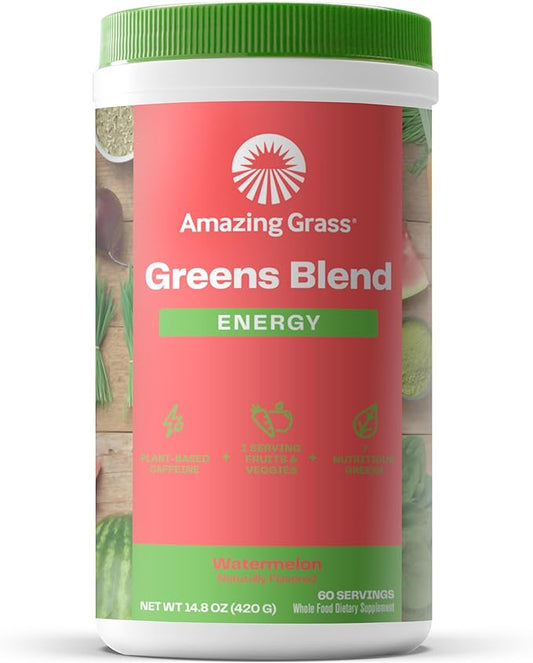 Amazing Grass Greens Superfood Energy: Greens Powder with Plant Based Caffeine, Matcha Green Tea & Beet Root Powder, Watermelon, 60 Servings (Packaging May Vary)