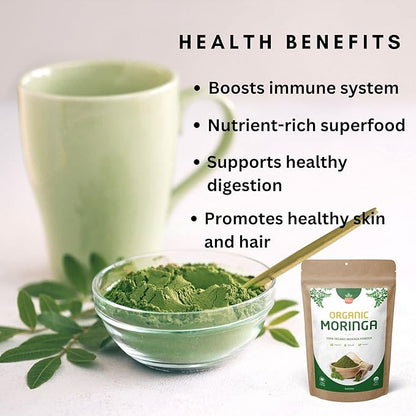 Green Moringa Superfood Powder 4 oz. - 100% Pure Moringa Oleifera Leaf Powder for Tea and Hair, Nutrient-Rich Energy Booster - Certified USDA Organic, Non-GMO, and Raw from India