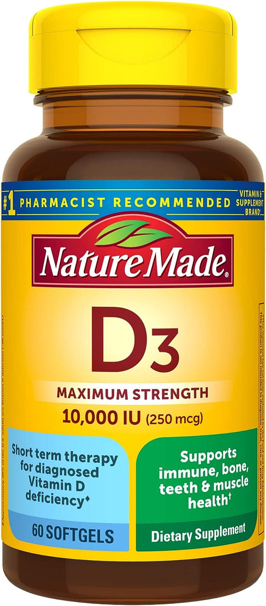 Nature Made Maximum Strength Vitamin D3 10000 IU (250 mcg), Dietary Supplement for Bone, Teeth, Muscle and Immune Health Support, 60 Softgels, 60 Day Supply