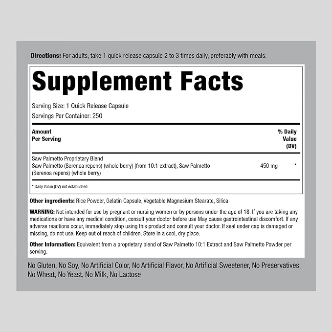 Piping Rock Saw Palmetto 450mg | 250 Capsules | Extract Supplement | Non-GMO, Gluten Free