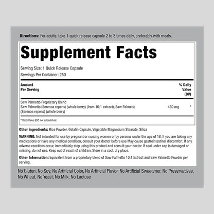 Piping Rock Saw Palmetto 450mg | 250 Capsules | Extract Supplement | Non-GMO, Gluten Free