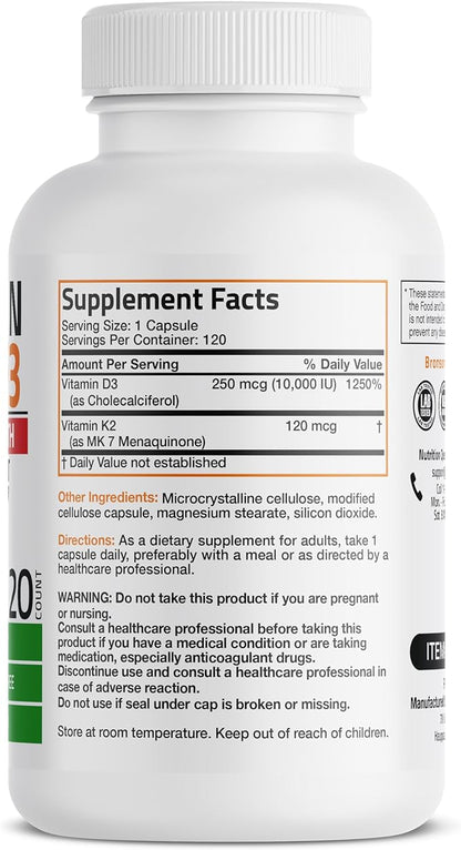 Bronson Vitamin K2 (MK7) with D3 Extra Strength Supplement Bone and Heart Health Non-GMO Formula 10,000 IU Vitamin D3 & 120 mcg Vitamin K2 MK-7 Easy to Swallow Vitamin D & K, 120 Capsules