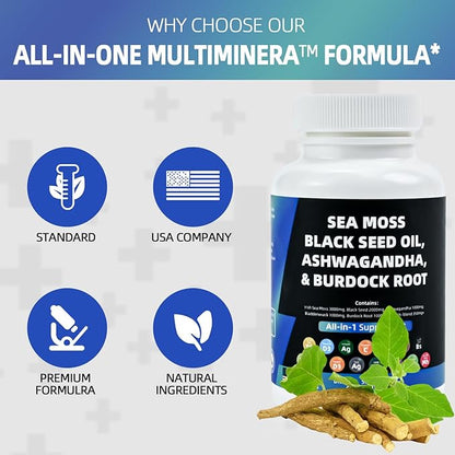 Multivitamin Sea Moss 3000mg Black Seed Oil 2000mg Ashwagandha 1000mg Turmeric 1000mg Bladderwrack 1000mg Burdock 1000mg Vitamin D3 with Elderberry Manuka Dandelion Yellow Dock Iodine Chlorophyll