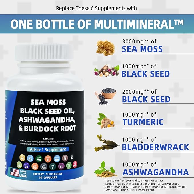 Multivitamin Sea Moss 3000mg Black Seed Oil 2000mg Ashwagandha 1000mg Turmeric 1000mg Bladderwrack 1000mg Burdock 1000mg Vitamin D3 with Elderberry Manuka Dandelion Yellow Dock Iodine Chlorophyll