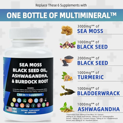 Multivitamin Sea Moss 3000mg Black Seed Oil 2000mg Ashwagandha 1000mg Turmeric 1000mg Bladderwrack 1000mg Burdock 1000mg Vitamin D3 with Elderberry Manuka Dandelion Yellow Dock Iodine Chlorophyll