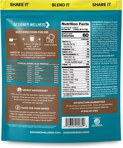 Designer Wellness, Designer Lite, Low Calorie Natural Protein, Prebiotic Fiber, Key Vitamins & Minerals, Chocolate Cookies & Cream, 25.6 Ounces