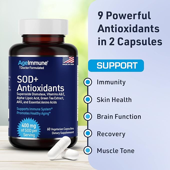 SOD Antioxidants Complex Healthy Aging Supplement - 400mg of Superoxide Dismutase - Alpha Lipoic Acid - L-Arginine -Lysine - AKG - Vitamin A - Vitamin E for Immune Support -60 Capsules