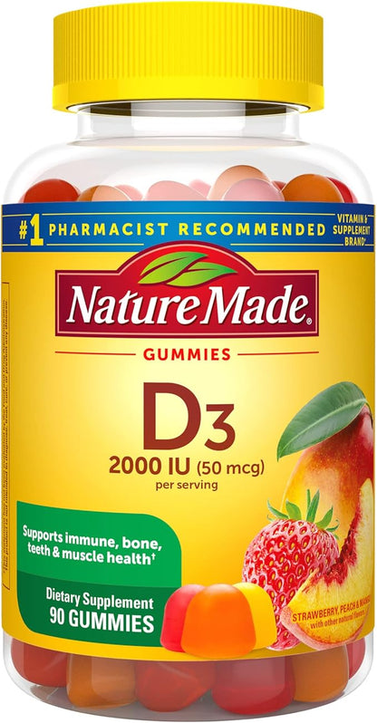 Nature Made Vitamin D3 2000 IU (50 mcg) per serving, Dietary Supplement for Bone, Teeth, Muscle and Immune Health Support, 90 Gummies, 45 Day Supply