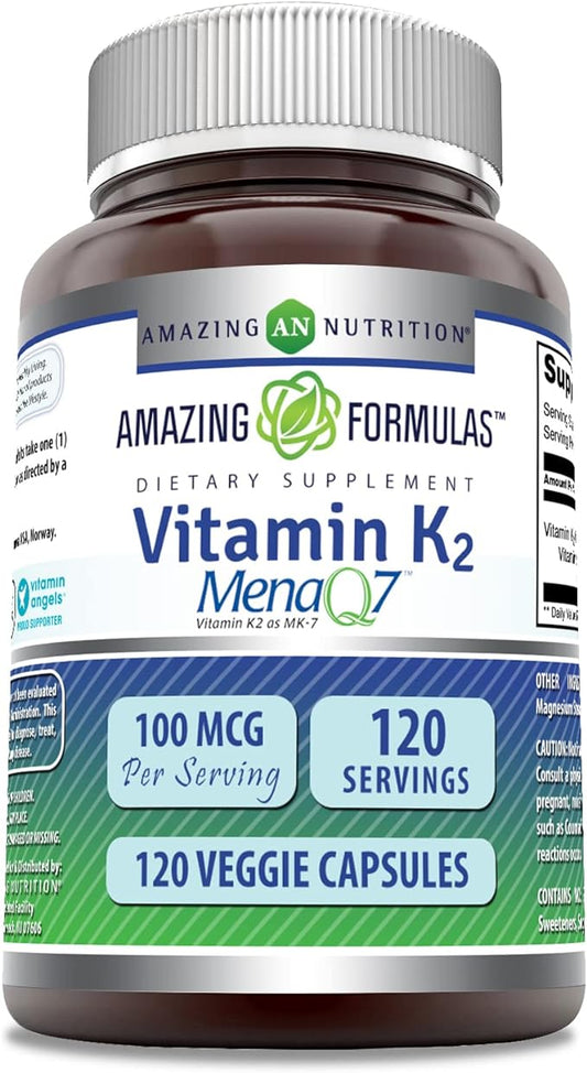 Amazing Formulas Vitamin K2 Menaq7 MK7 Supplement | 100 Mcg | Veggie Capsules | Non-GMO | Gluten Free | Made in USA (1 Pack, 120 Count)