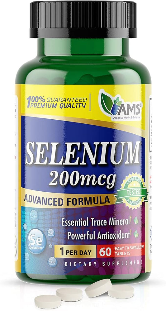 America Medic & Science Selenium 200 mcg (1 Pack of 60 Tablets) Pure Dietary Supplement for Men and Women, Essential Trace Mineral and Powerful Antioxidant Best for Immune Support and Thyroid Health