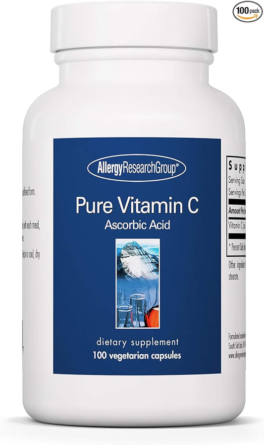 Allergy Research Group Pure Vitamin C Supplement - Ascorbic Acid, 1000mg Organic Vitamin C, High Potency, Unbuffered, Mild Acidity, Vegetarian Capsules - 100 Count