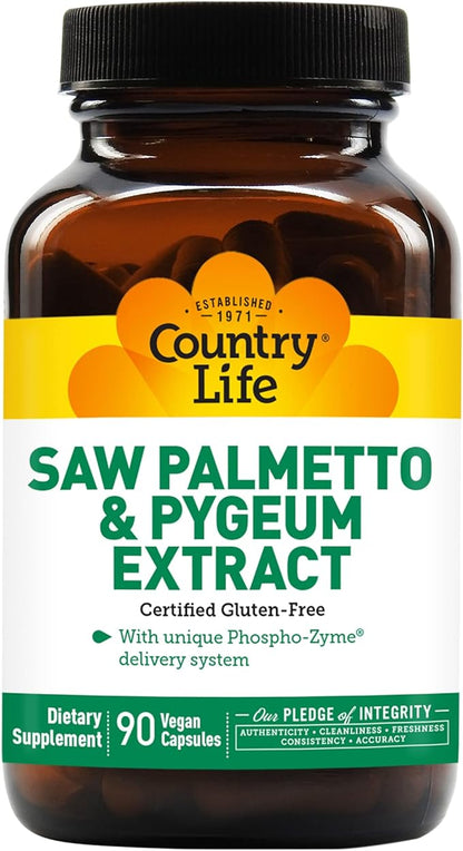 Country Life Saw Palmetto & Pygeum Extract, 90 Vegan Capsules, Certified Gluten Free, Certified Vegan